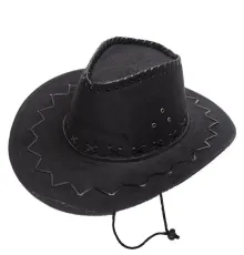 Bağcıklı Çocuk Boy Nubuk Süet Kovboy Şapkası Siyah Renk