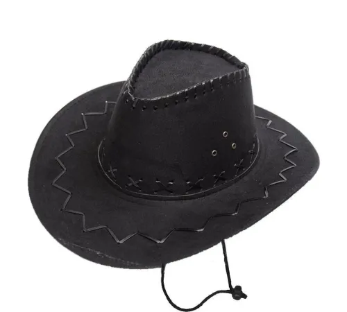 Bağcıklı Çocuk Boy Nubuk Süet Kovboy Şapkası Siyah Renk