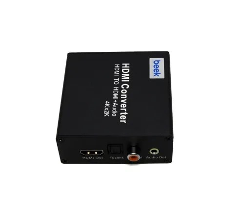 Beek HDMI <-> HDMI + Ses Sinyal Çeviricisi,  1 x HDMI giriş, 1 x HDMI çıkış + Toslink ses çıkışı (SPDIF yuva) + Coax ses çıkışı (Cinch yuva) + Analog ses çıkışı (3.5mm yuva)<br>
Beek HDMI Audio Extractor