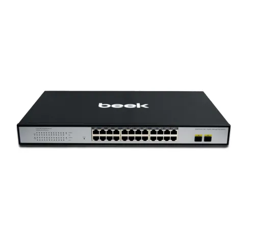 Beek L2 Web Smart Switch<br>
24 x 10/100/1000Mbps IEEE802.3af/at PoE+ port (Port başına 30.8 watt) (PoE Güç Bütçesi maks. 300 Watt)<br>
2 x 1000Base-X SFP yuva (1.25Gbps SFP Uplink port) (combo)<br>
6KV surge koruması<br>
Beek 24 P