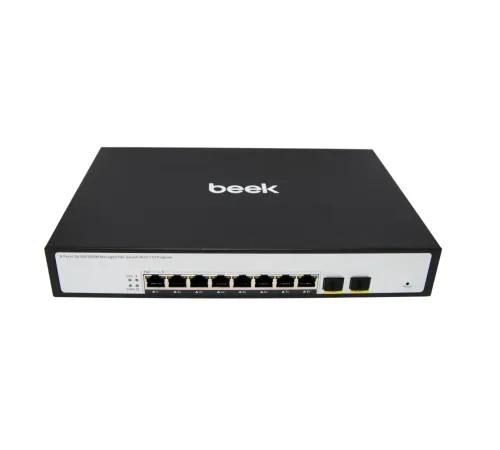 Beek L2 Yönetilebilir PoE Switch<br>
8 x 10/100/1000Mbps IEEE802.3af/at PoE+ port (Port başına 30.8 watt) (PoE Güç Bütçesi maks. 120 Watt) <br>
2 x 10/100/1000BASE-T SFP yuva<br>
Beek 8 Port Gigabit Managed PoE Switch with 2G SFP Port