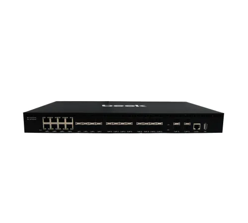 Beek L3 Yönetilebilir Switch<br>
24 x 1000 Base-X SFP yuva<br>
8 x 10/100/1000BASE-T port (combo)<br>
4 x 1G/10G Base-X SFP+ yuva<br>
1 x Konsol port<br>
1 x USB port<br>
Yönetim: Uzaktan Web, VLAN ve Storm Control, IPV