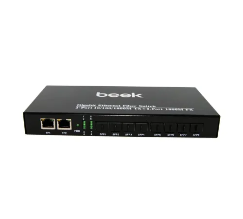 Beek Yönetilemeyen Gigabit Fiber Switch<br>
8 x 1000Base-X SFP yuva<br>
2 x 10/100/1000Mbps port<br>
Fansız<br>
Beek 8 port 1000M SFP Fiber Ethernet Switch with 2G Port