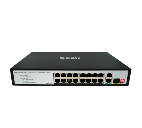Beek Yönetilemeyen PoE+ Switch<br>
16 x 10/100Mbps IEEE802.3af/at PoE+ port (Port başına 30.8 watt) (PoE Güç Bütçesi maks. 200W)<br>
2 x 10/100/1000Mbps port<br>
1 x 1000Base-X SFP yuva<br>
6KV ESD<br>
Beek 16 Ports 10/100Mbp