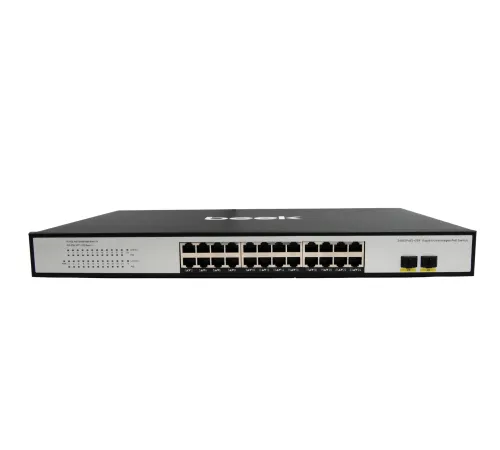 Beek Yönetilemeyen PoE+ Switch<br>
24 x 10/100/1000Mbps IEEE802.3af/at PoE+ port (Port başına 30.8 watt) (PoE Güç Bütçesi maks. 400 Watt)<br>
2 x 1.25G Base-X SFP yuva<br>
6KV surge koruması<br>
Beek 24 Port 10/100/1000Mbps Unmanag