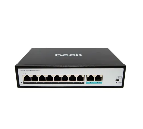 Beek Yönetilemeyen PoE+ Switch<br>
8 x 10/100Mbps IEEE802.3af/at PoE+ port (Port başına 30.8 watt) (PoE Güç Bütçesi maks. 120 Watt)<br>
2 x 10/100BASE-T port<br>
4KV ESD<br>
Beek 8 Ports 10/100Mbps Unmanaged PoE+ Switch with 2 Fast