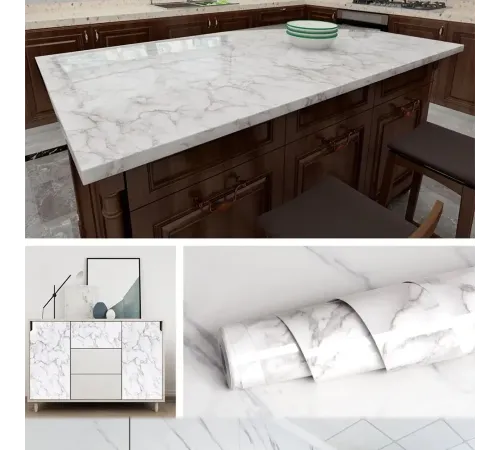 Beyaz Mermer Desenli Yapışkanlı Tezgah Folyosu 3 Mt X 60 Cm