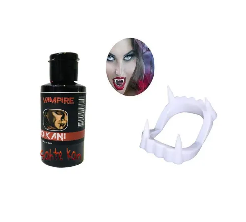 Beyaz Renk Çift Damak Takma Vampir Dişi ve 50 gr Tiyatro Kanı