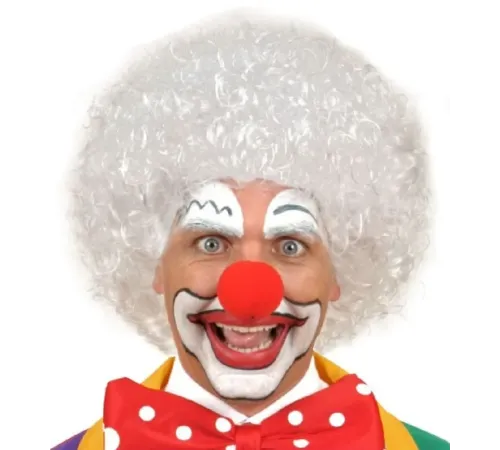 Beyaz Renk Kıvırcık Afro Bonus Peruk Saç ve Kırmızı Sünger Burun Seti