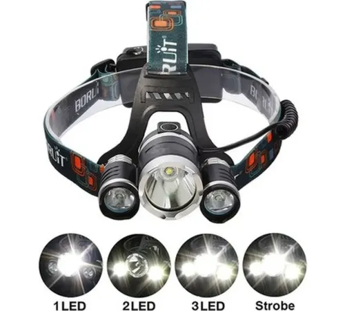 Boruit T6 Kafa Feneri 5000 Lumens 3Xcree Xm-T6+2R5 Lamba Led Kamp Lambası