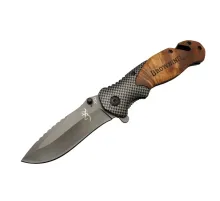 Browning X50 Kahverengi Kurtarma / Kamp Çakısı 20,5cm- Yarı , Ahşap Sap, Cam Kırma ve İp Kesme Aparatlı