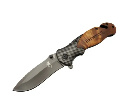 Browning X50 Kahverengi Kurtarma / Kamp Çakısı 20,5cm- Yarı , Ahşap Sap, Cam Kırma ve İp Kesme Aparatlı