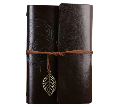 Büyük Yaprak Desenli Deri Defter Koyu Kahverengi