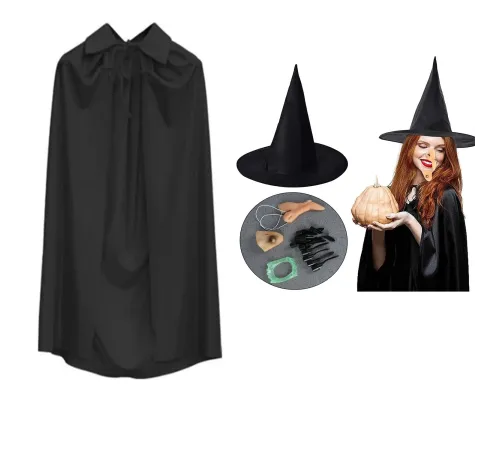 Cadı Kostüm Seti 6 Parça - Şapka Pelerin Diş Tırnaklar Çene ve Burun