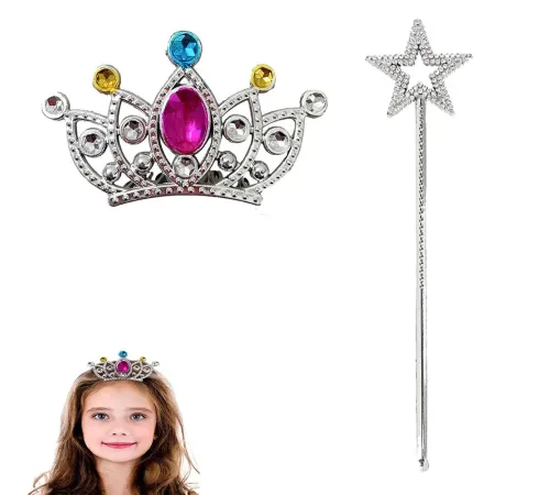 Çocuklar İçin Taraklı Prenses Tacı ve Prenses Yıldız Asa Seti Gümüş