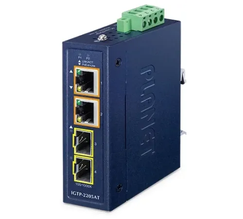 Compact Industrial 2-Port 100/1000X SFP to 2-Port 10/100/1000T 802.3at PoE+ Media Converter