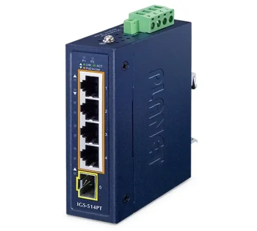 Compact Industrial 4-Port 10/100/1000T 802.3at PoE + 1-Port 100/1000X SFP Ethernet Switch