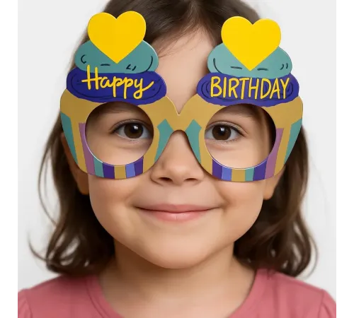 Cupcake Temalı Doğum Günü Renkli Karton Happy Birthday Gözlüğü 6 Adet
