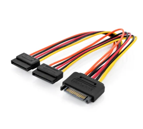Dahili Y-güç kaynağı kablosu, Erkek/Dişi/Dişi, 0.3 metre,SATA 15-pin - 2 x SATA 15-pin<br>
Internal Y-power supply cable M/F/F, 0.3m, SATA 15-pin - 2x SATA 15-pin