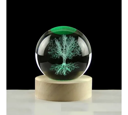 Dekoratif Ağaç Tasarımlı Ahşap Altlıklı Işıklı Cam Küre 6 Cm MZ4-2331