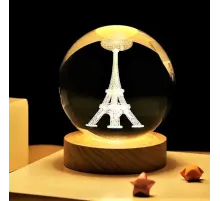 Dekoratif Eyfel Kulesi Tasarımlı Ahşap Altlıklı Işıklı Cam Küre Cam 6 Cm Ahşap 2 Cm