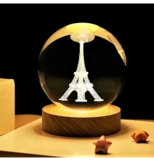 Dekoratif Eyfel Kulesi Tasarımlı Ahşap Altlıklı Işıklı Cam Küre Cam 6 Cm Ahşap 2 Cm