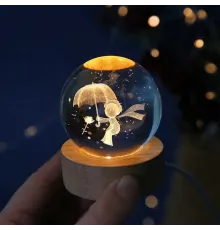 Dekoratif Küçük Prens Tasarımlı Ahşap Altlıklı Işıklı Cam Küre Cam:6cm Ahşap:2cm
