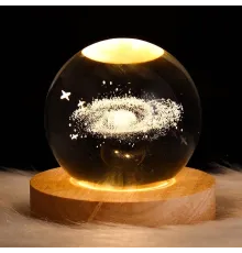 Dekoratif Samanyolu Tasarımlı Ahşap altlıklı Işıklı Cam Küre Cam:6cm Ahşap:2cm