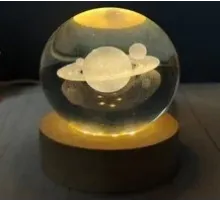 Dekoratif Satürn Tasarımlı Ahşap Altlıklı Işıklı Cam küre Cam:6cm Ahşap:2cm