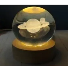 Dekoratif Satürn Tasarımlı Ahşap Altlıklı Işıklı Cam küre Cam:6cm Ahşap:2cm