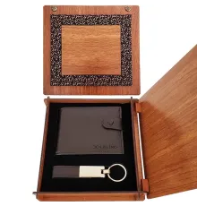 Deri Ahşap Kutulu Cüzdan ve Anahtarlık Set