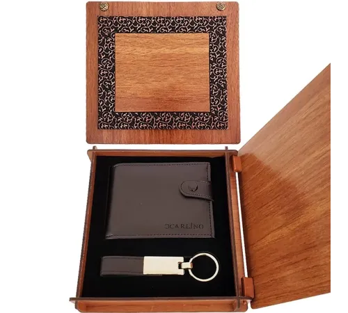 Deri Ahşap Kutulu Cüzdan ve Anahtarlık Set