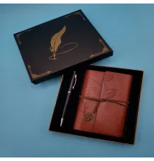Deri Defter ve Tükenmez Kalem Karton Kutu Kahverengi