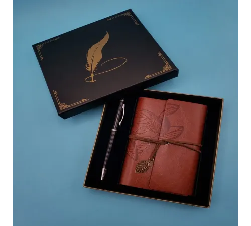 Deri Defter ve Tükenmez Kalem Karton Kutu Kahverengi