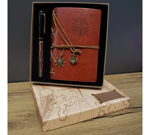Deri Pusula Tasarımlı Defter Ve Metal Kalem Seti