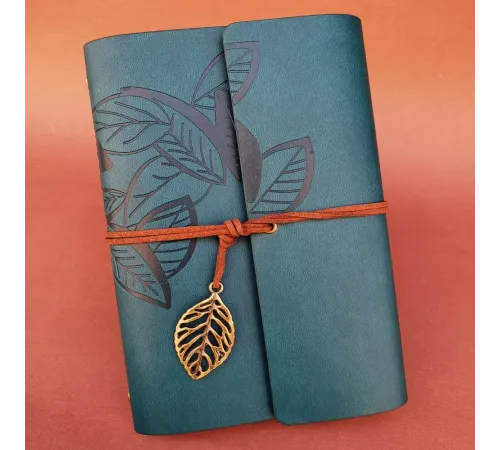 Deri Yaprak Desenli Petrol Mavisi Defter