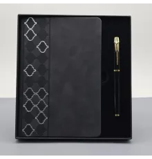 Desenli Siyah Deri Defter Kalem Set