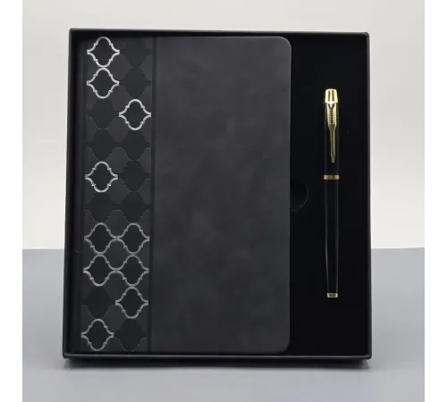 Desenli Siyah Deri Defter Kalem Set