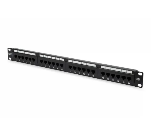 Digitus 19" 24 Port Cat-6 UTP Patch Panel, 8P8C, 50 μ (Mikron), Altın Kontak, LSA, 1U, Zırhsız