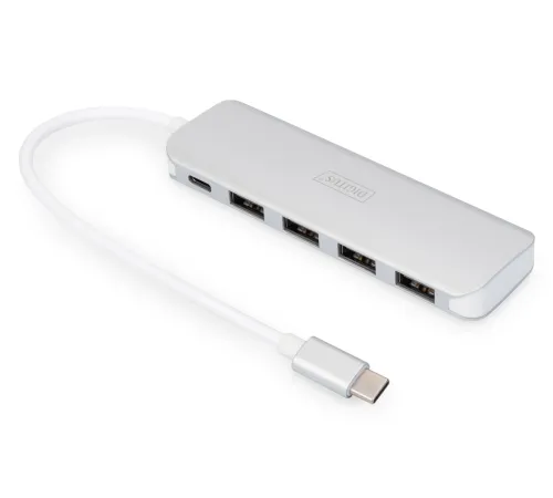 Digitus 4 Port USB 3.0 Hub, 4 x USB 3.0 USB-A Dişi Konnektör (USB çevre ürünü), 1 x USB Tip C PD (Power Delivery) port, 1 x USB Tip C erkek port (bilgisayar bağlantısı için), alüminyum, Mac ve Windows destekler
