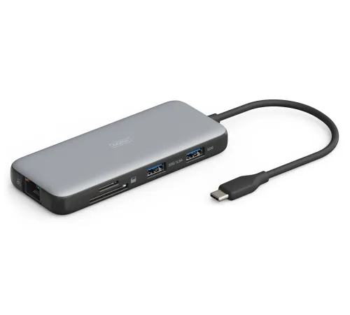 Digitus 8-port USB-C Docking Station<br>
2 x HDMI<br>
3 x USB 3.0<br>
1 x RJ45<br>
1 x SD<br>
1 x MicroSD<br>
1 x USB-C PD