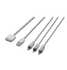 Digitus Apple Audio/Video bağlantı kablosu, Apple 30pin Erkek <->- 3 x RCA Erkek + USB A Erkek, 1.5 metre, Komposit Audio/Video, USB 2.0 uyumlu, UL, beyaz renk