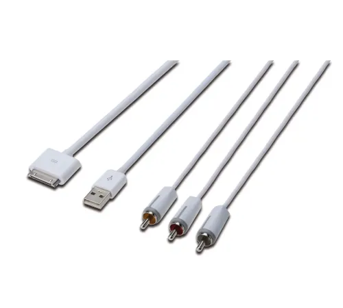 Digitus Apple Audio/Video bağlantı kablosu, Apple 30pin Erkek <->- 3 x RCA Erkek + USB A Erkek, 1.5 metre, Komposit Audio/Video, USB 2.0 uyumlu, UL, beyaz renk