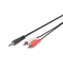 Digitus Audio Kablosu, 1 x stereo 3,5 mm erkek <> 2 x RCA erkek, 1.50 metre, CCS, 2x0.10/10, zırhlı, siyah renk<br>Digitus Audio Adapter Cable, stereo 3.5mm - 2 x RCA 1.50 metre, CCS,  2x