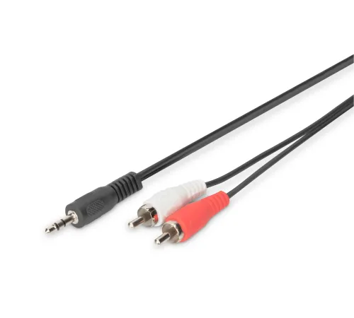 Digitus Audio Kablosu, 1 x stereo 3,5 mm erkek <> 2 x RCA erkek, 1.50 metre, CCS, 2x0.10/10, zırhlı, siyah renk<br>Digitus Audio Adapter Cable, stereo 3.5mm - 2 x RCA 1.50 metre, CCS,  2x