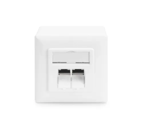 Digitus Sıva Üstü İkili CAT.6 RJ-45 Priz, Shielded (Zırhlı), 2 x RJ45, 8P8C, LSA, Beyaz renk RAL 9010<br>
Digitus CAT 6 Wall Outlet, Shielded, 2x RJ45 8P8C, LSA, pure white, surface mount