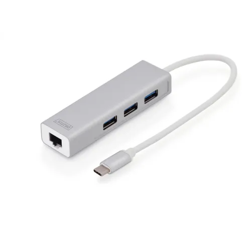 Digitus USB 3.0 Hub & USB 3.0 Gigabit Ethernet Adaptörü, 1 x 10/100/1000 RJ45 Dişi Yuva, 1 x USB-C Erkek Konnektör (bilgisayar bağlantısı için), 3 x USB 3.0 USB-A Dişi Yuva (USB çevre ürünü), alüminyum, Mac ve Windows destekler