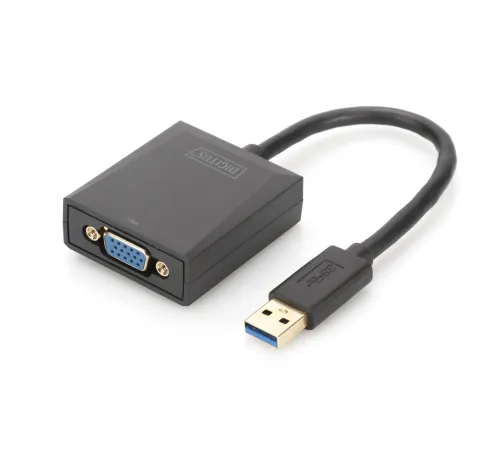 Digitus USB 3.0 <-> VGA Grafik Adaptörü<br>
Giriş: 1 x USB 3.0 USB-A erkek<br>
Çıkış:  1 x VGA (HD15) dişi (Full HD, 1080p)<br>
Plastik