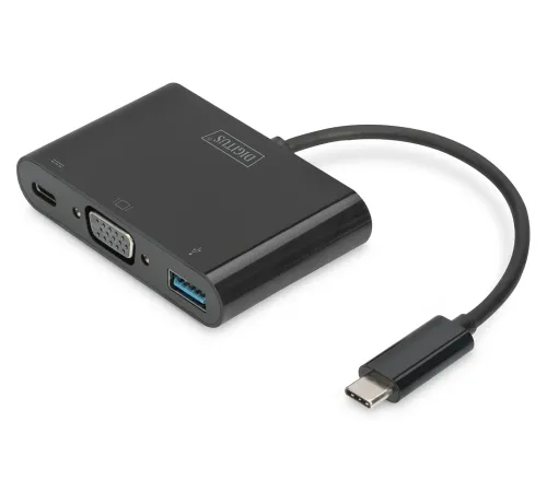 Digitus USB 3.1 (Gen. 1) (USB Tip C) <-> VGA Grafik Adaptörü<br>
Giriş: 1 x USB Tip C erkek (bilgisayar bağlantısı için)<br>
Çıkış:<br>
1 x Şarj özellikli USB Tip C (PD 2.0) dişi (60W)<br>
1 x USB 3.0 USB-A dişi (mobil cihazl
