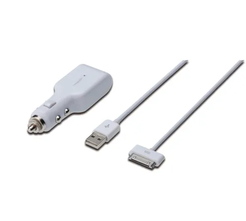 Digitus USB Araç İçi Çakmaklık Şarj Adaptörü  ve Şarj Kablosu,  1 x USB port, Giriş: 12-24V Çıkış: 5V + Apple 30pin Erkek - USB A Erkek Kablo, 1 metre
